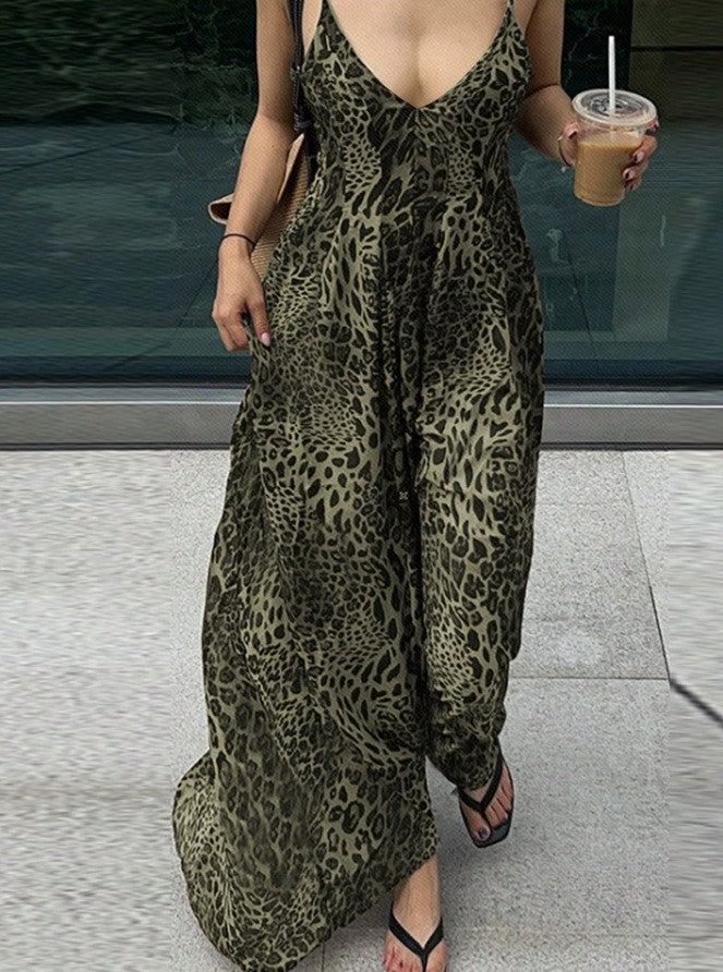 Damen Maxikleid mit tiefem V-Ausschnitt und elegantem Leopardenmuster R&B