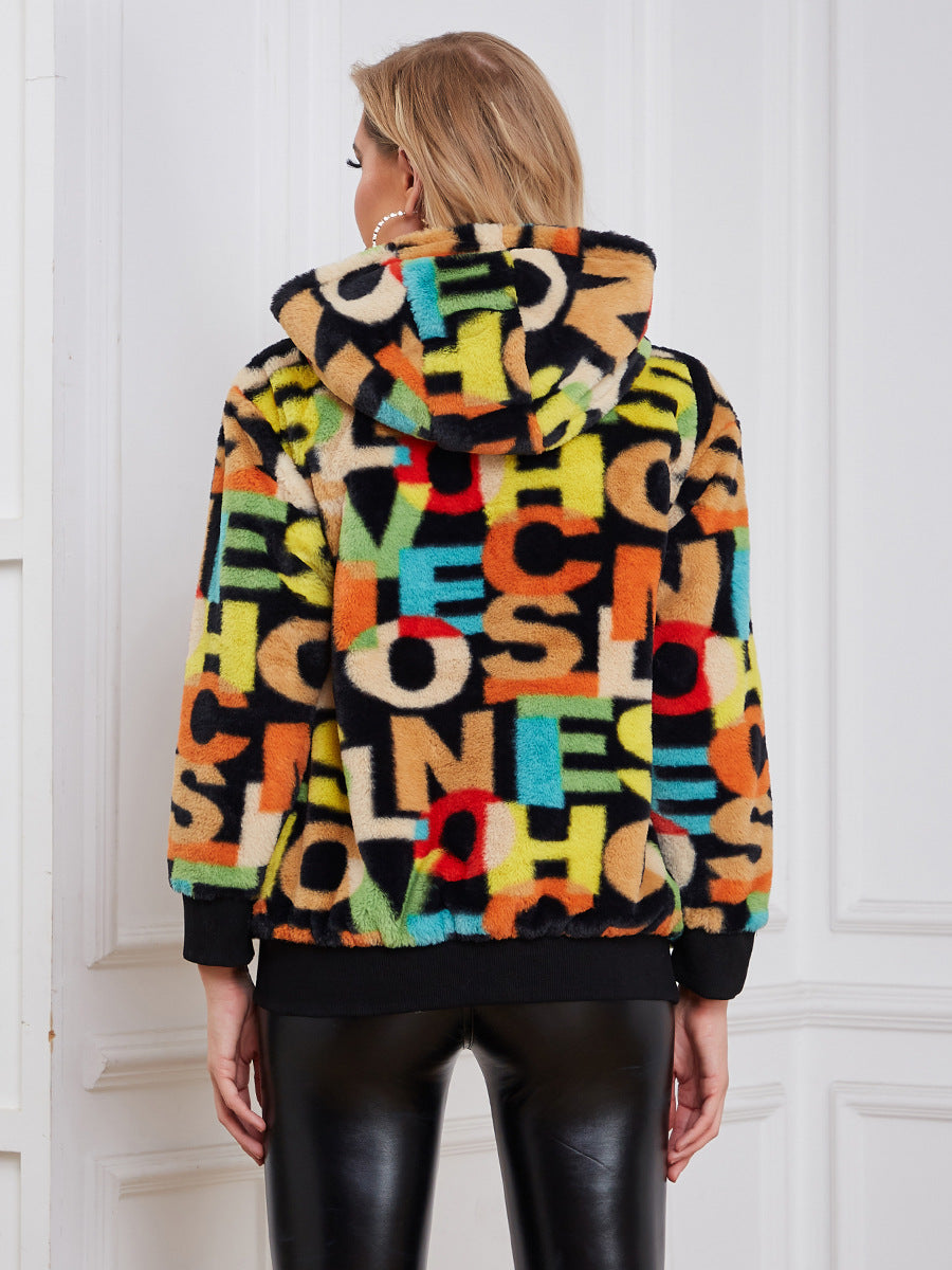Damen Flauschige Oberjacke mit buntem Farbdesign und flauschigem Innenfutter R&B
