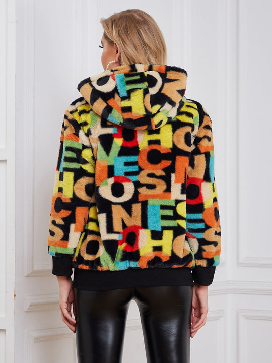 Damen Flauschige Oberjacke mit buntem Farbdesign und flauschigem Innenfutter R&B