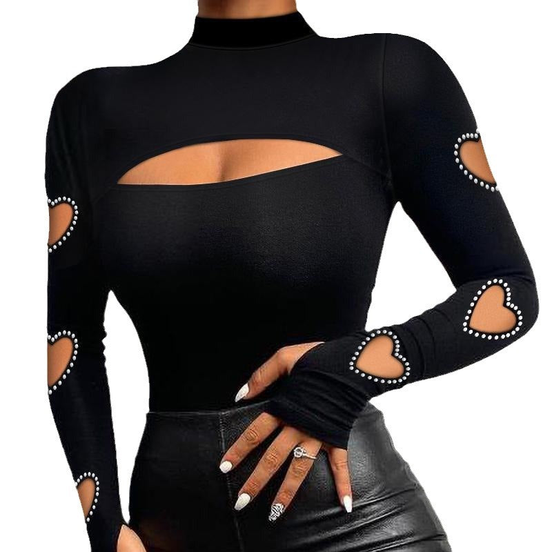 Damen Langarm Body mit Herz-Cut-Outs und Strassdetails R&B