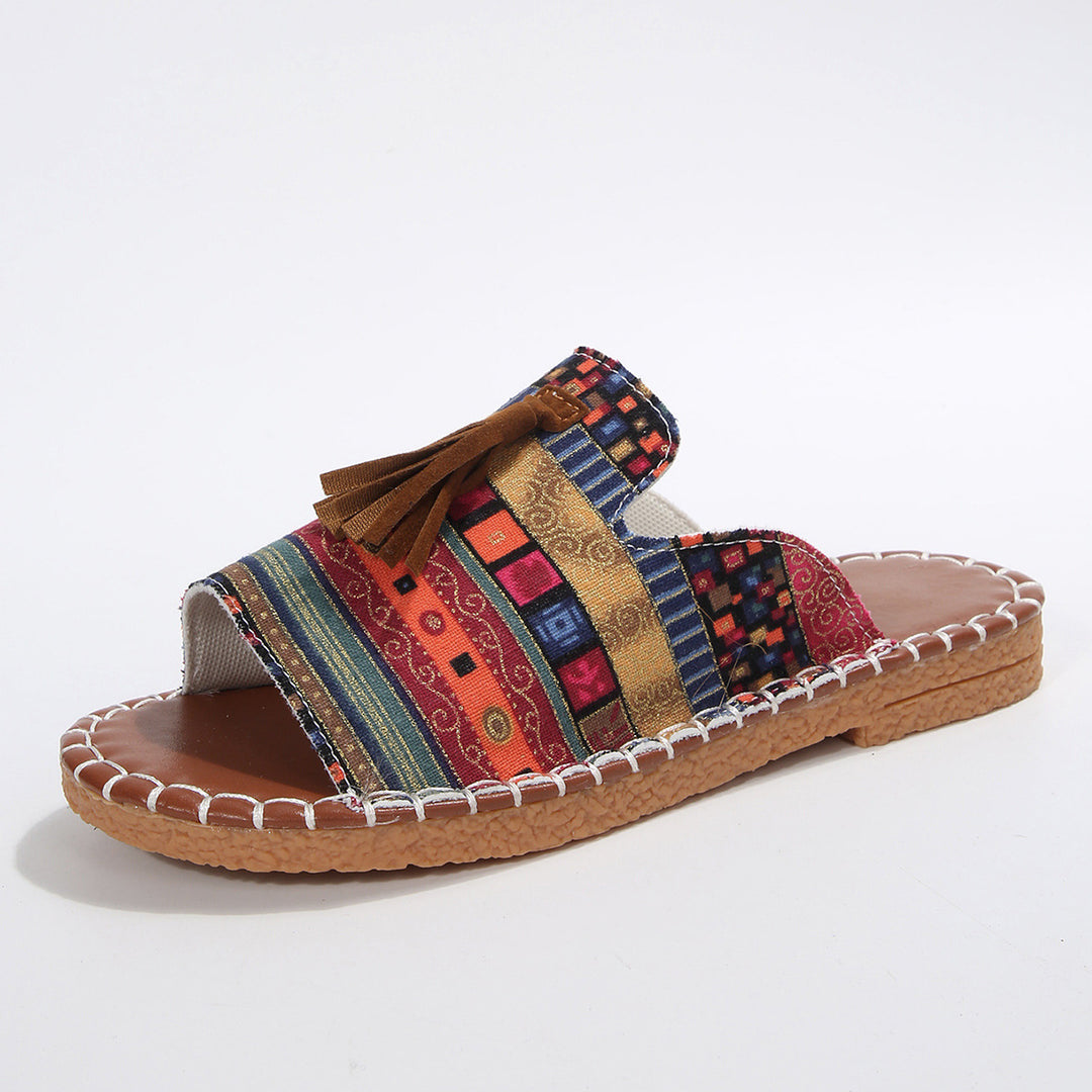 Damen bequeme Pantoletten mit buntem Streifen-Design und Quasten-Detail R&B