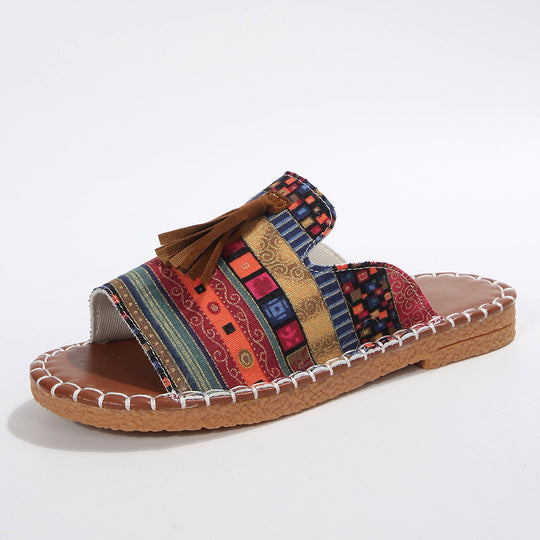 Damen bequeme Pantoletten mit buntem Streifen-Design und Quasten-Detail R&B