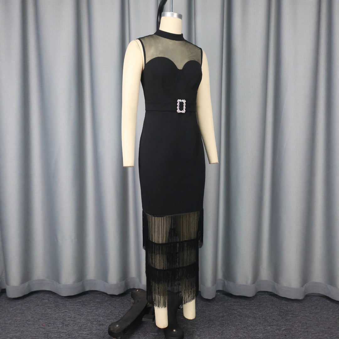 Damen Glamouröses Cocktailkleid mit transparentem oberen Einsätzen und Fransen R&B