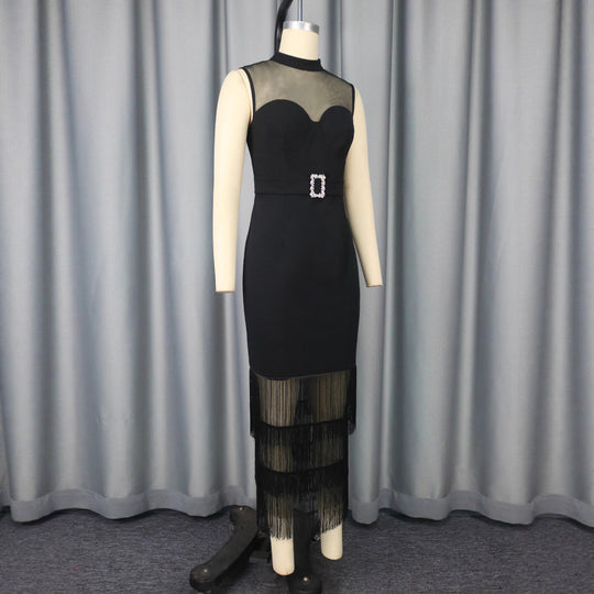 Damen Glamouröses Cocktailkleid mit transparentem oberen Einsätzen und Fransen R&B