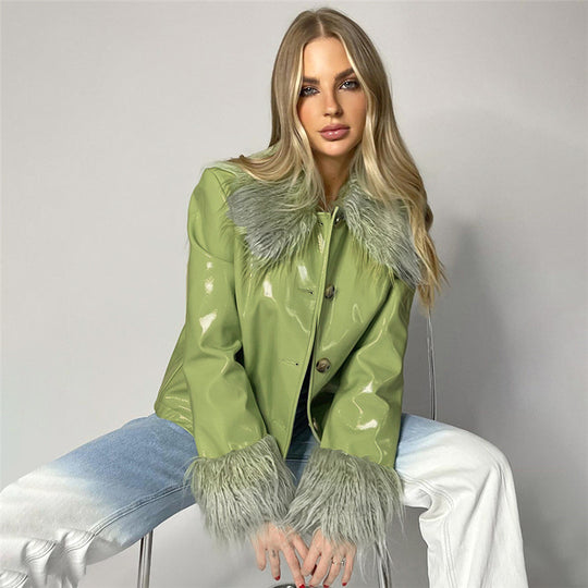 Damen modische Jacke mit luxuriösem Kunstpelzkragen und glänzender Oberfläche R&B