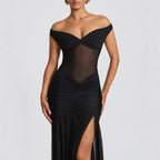 Damen Elegantes Maxikleid mit schulterfreiem Design und raffinierten Faltenwurf R&B