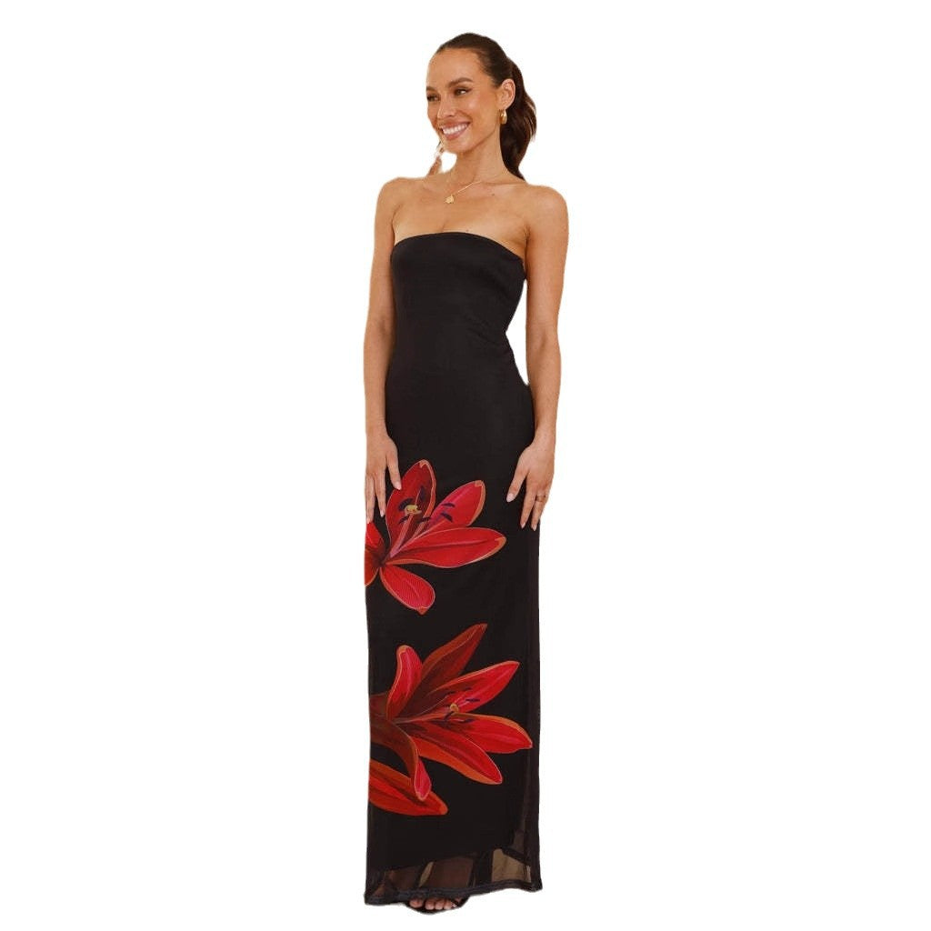 Damen Strak geschnittenes Maxikleid mit floralem Druck und schulterfreiem Design R&B