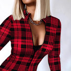 Damen Langarm Body mit Reißverschluss und Karomuster R&B