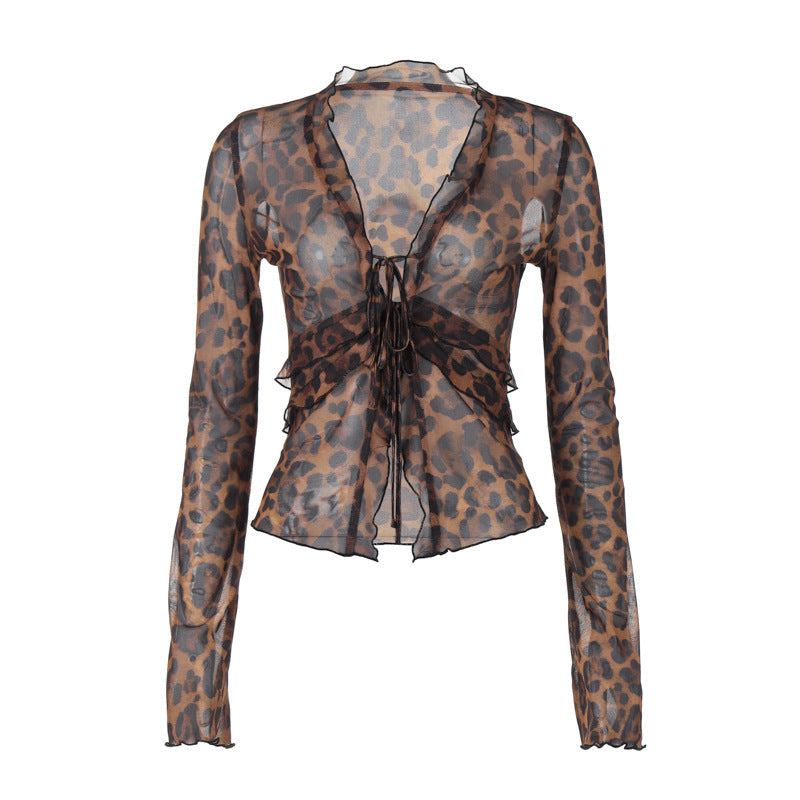 Damen leicht transparentes Oberteil mit Leopardenmuster R&B