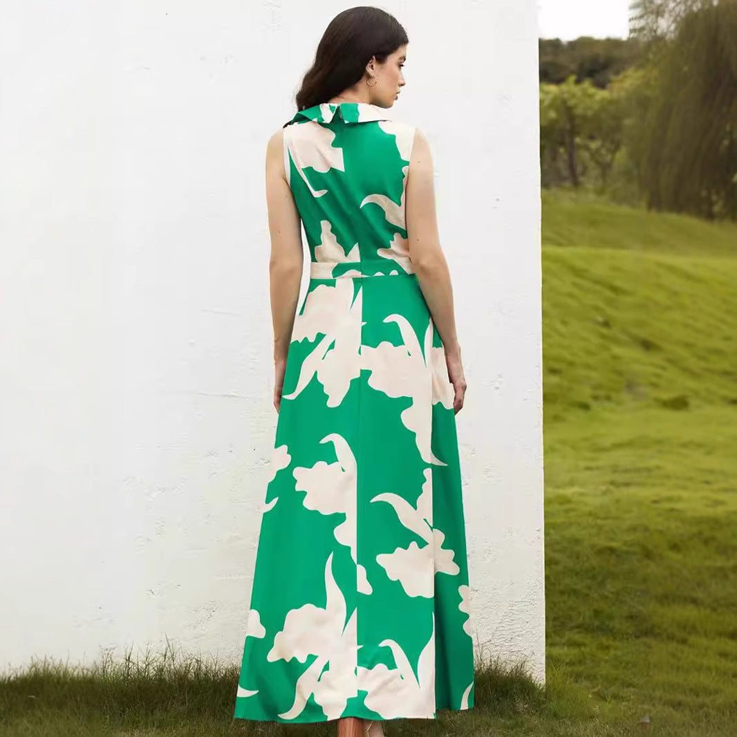 Damen Maxikleid mit dekorativem Bindegürtel und modischem Kragen R&B