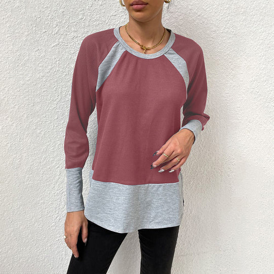 Damen lässiges Langarmshirt mit Waffle-Struktur und Kontrastärmeln R&B
