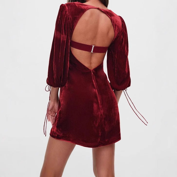Damen Kurzes Samtkleid mit Puffärmeln und quadratischem Ausschnitt R&B