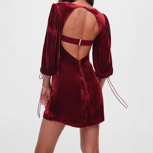 Damen Kurzes Samtkleid mit Puffärmeln und quadratischem Ausschnitt R&B