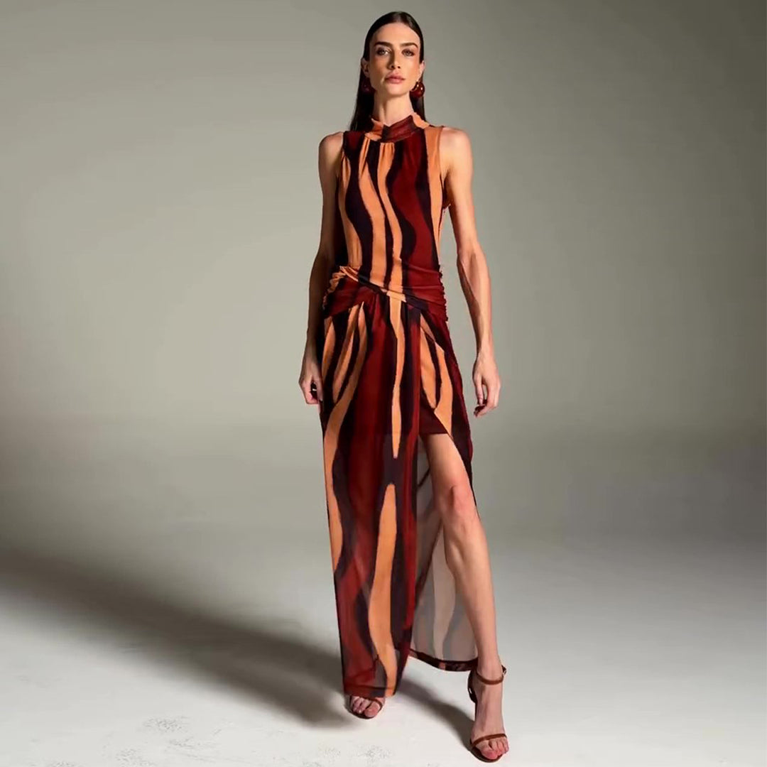 Damen elegantes Maxikleid mit einzigartigem Streifenmuster und hohem Kragen R&B