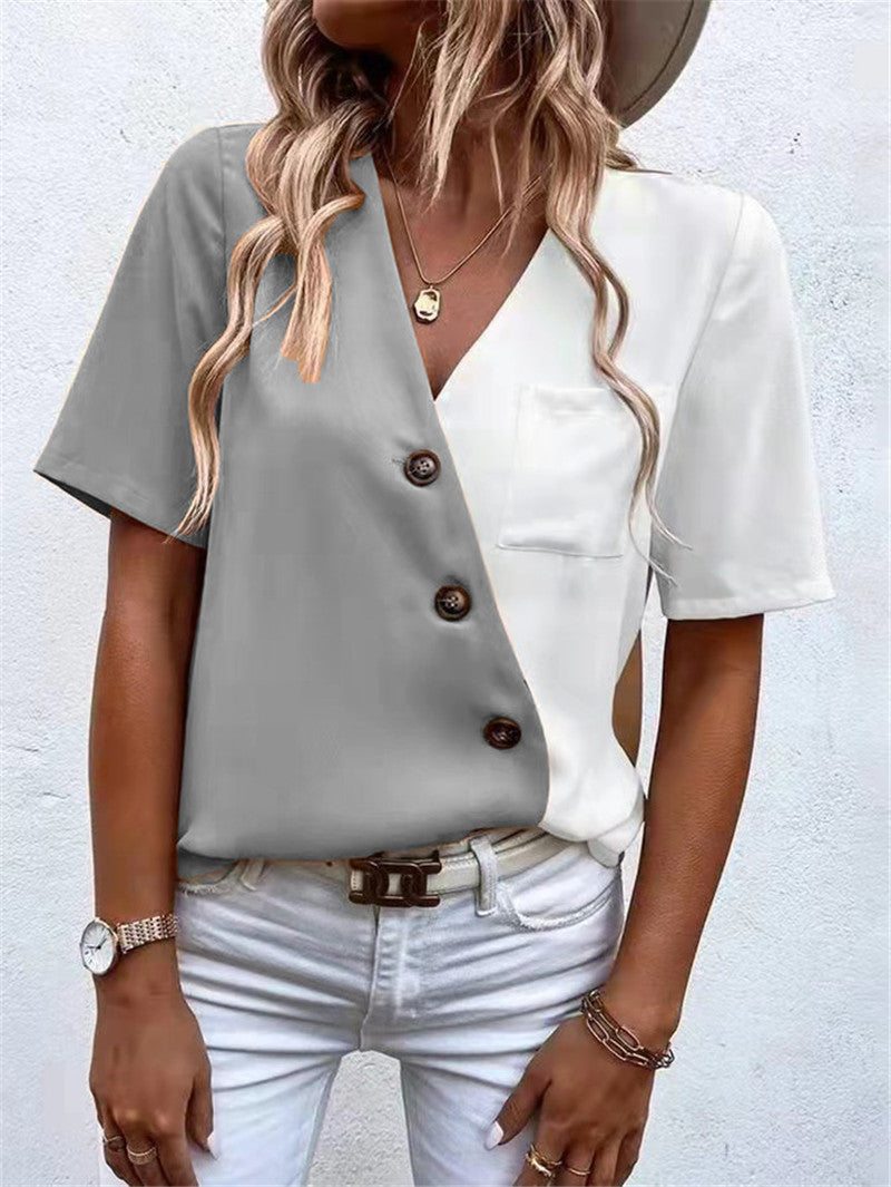 Damen Kurzarm Bluse mit asymmetrischem Schnitt und Knopfdetails R&B