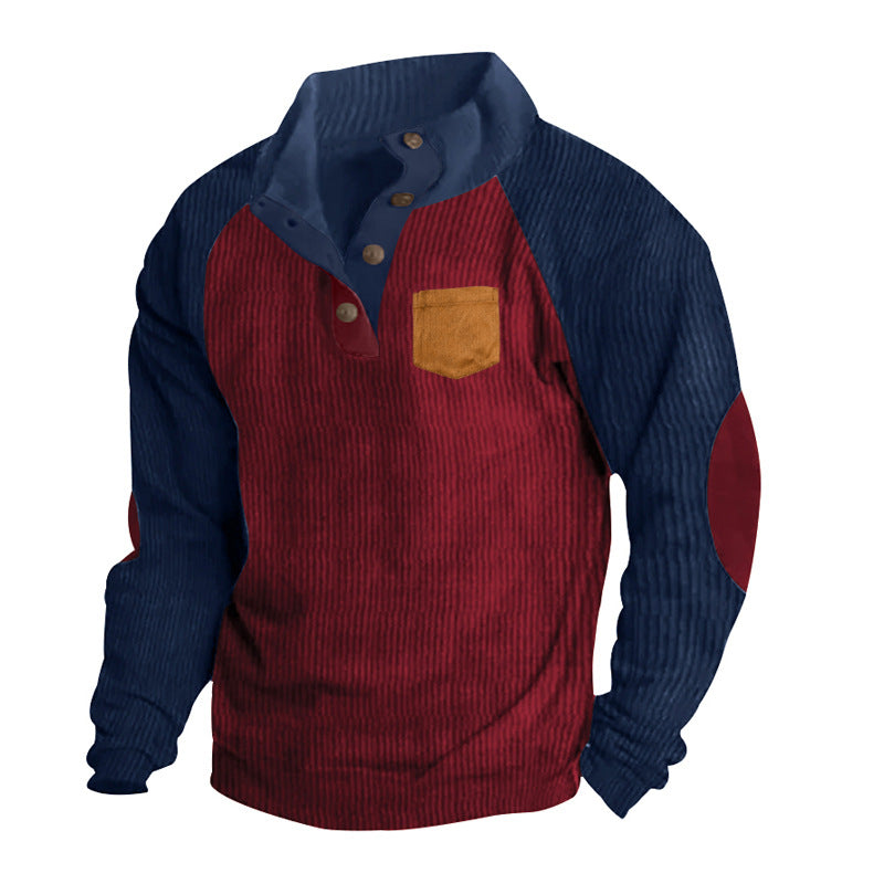 Herren nan strukturierter Halbknopf-Strickpullover im Cord-Look mit Raglanärmeln, aufgesetzter Brusttasche und Ellenbogenpatches R&B