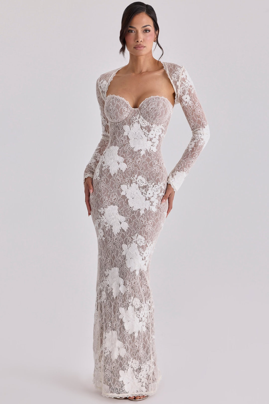Damen Elegantes Spitzenabendkleid mit langem Arm und verführerischem Schnitt R&B