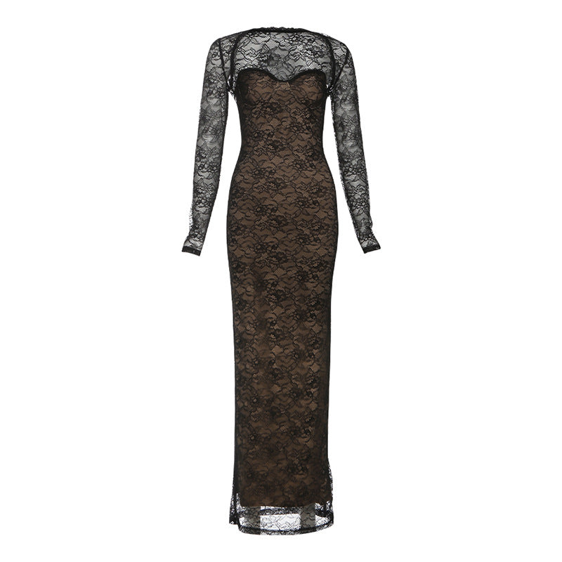 Damen Elegantes langes Spitzenkleid mit herzförmigem Ausschnitt und figurbetonendem Schnitt R&B