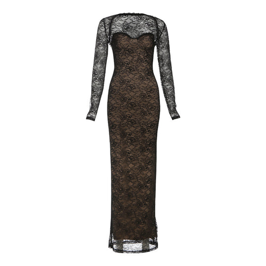 Damen Elegantes langes Spitzenkleid mit herzförmigem Ausschnitt und figurbetonendem Schnitt R&B