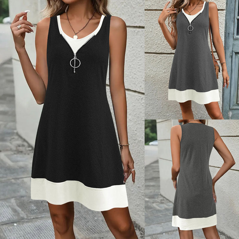 Damen ärmelloses Sommerkleid mit modischem Reißverschluss und Kontrastdetails R&B