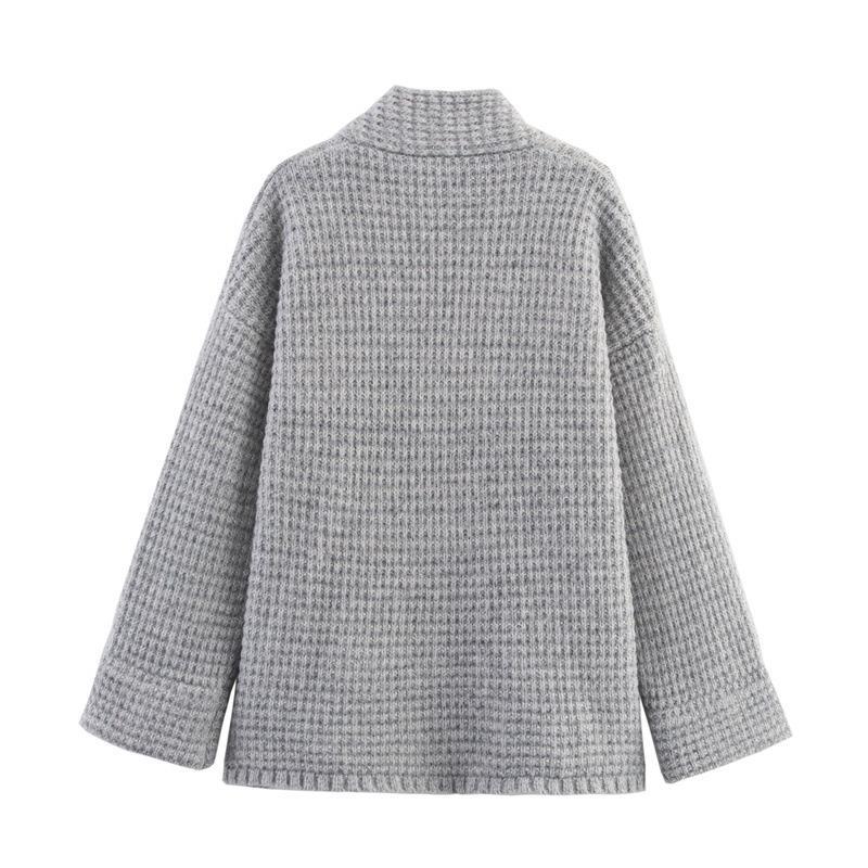 Damen gesteppte Strickjacke mit dekorativem Knopfverschluss und hohem Kragen R&B