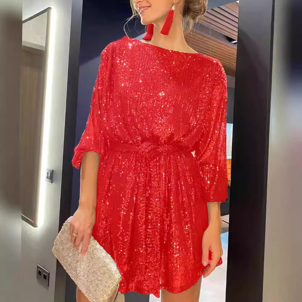Damen Funkelndes Minikleid mit raffiniertem Faltenwurf und glamorous Ärmeln R&B