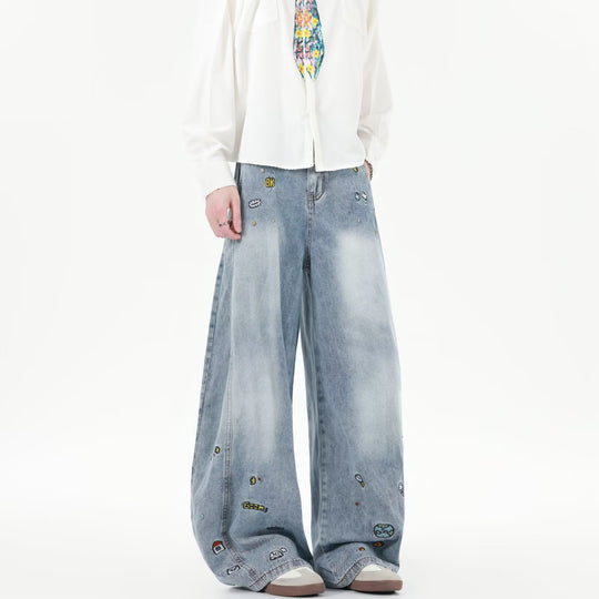 Damen Weit geschnittene Jeans mit bunten Stickereien R&B