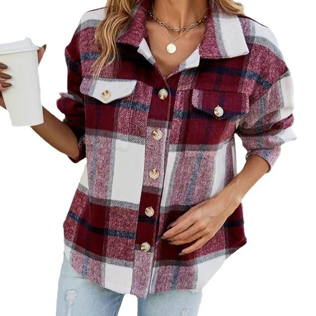 Damen Karierte Flanelljacke mit Knopfleiste und Taschen R&B