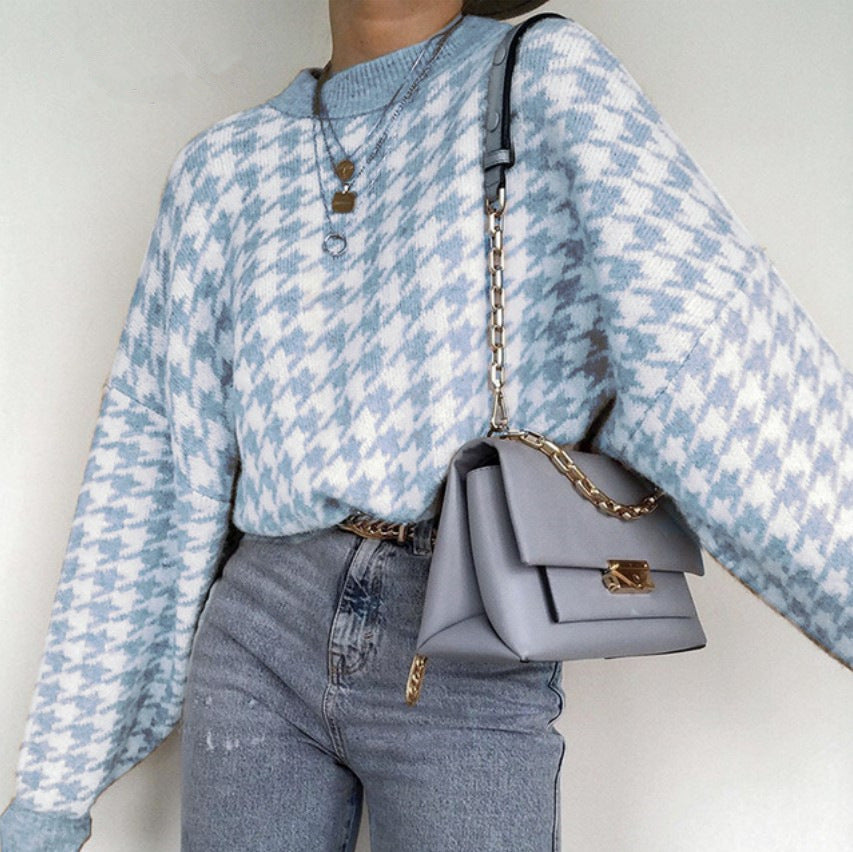 Damen Pullover mit modernem Hahnentrittmuster und lässigem Schnitt R&B