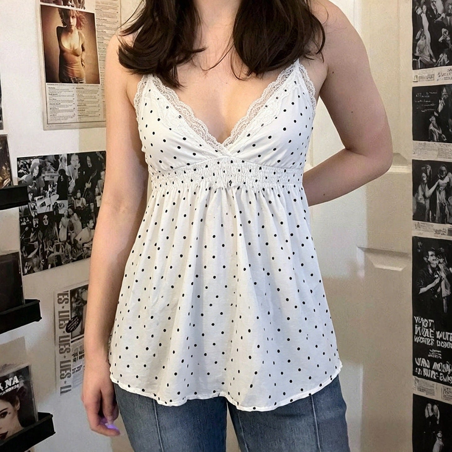 Damen Spaghetti-Top mit floralem Spitzenbesatz und elastischem Bund R&B