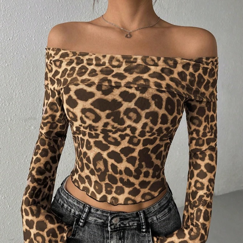 Damen Off-Shoulder Top mit lässigen Glockenärmel und animalischem Muster R&B