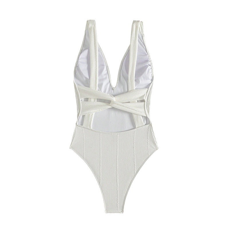 Damen Einteiliger Badeanzug mit tiefem V-Ausschnitt und strukturiertem Design