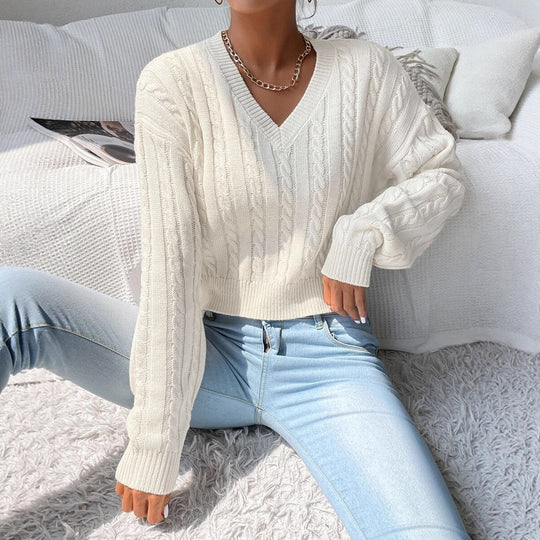 Damen Grobstrickpullover mit V-Ausschnitt und voluminösen Ärmeln R&B