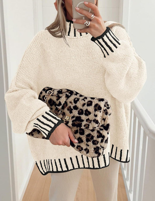 Damen lässiger Grobstrickpullover mit modernem Streifenmuster R&B