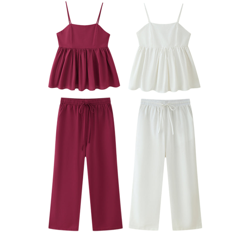 Damen Baumwoll-Pyjama-Set mit verstellbaren Spaghetti-Trägern und elastischem Bund R&B