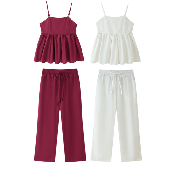 Damen Baumwoll-Pyjama-Set mit verstellbaren Spaghetti-Trägern und elastischem Bund R&B
