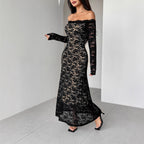 Damen nan schulterfreies Spitzenmidikleid mit feiner floraler Spitze, gefütterter Innenlage und tailliertem Schnitt R&B