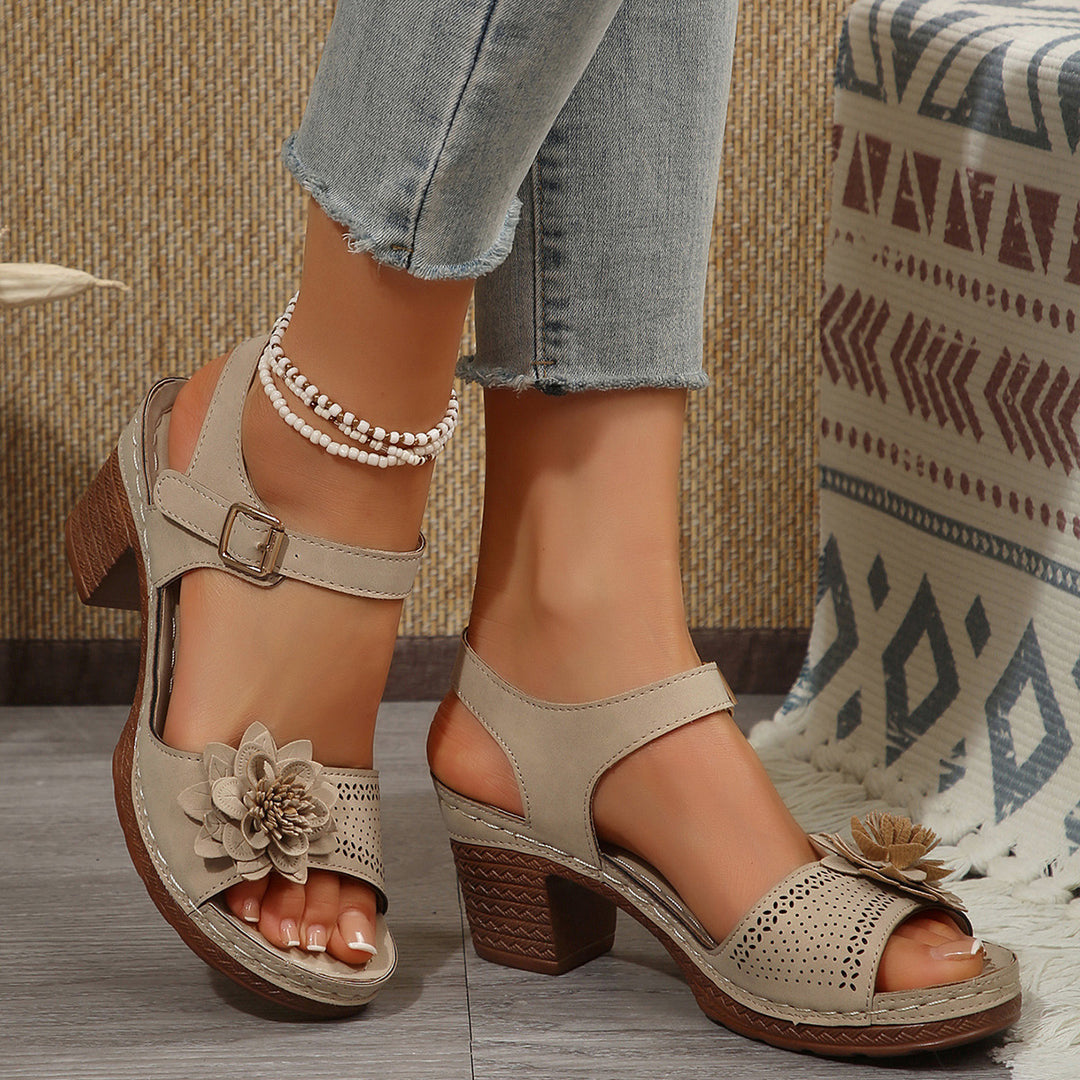 Damen Elegante Sandalen mit Kunstblumen und Blockabsatz R&B