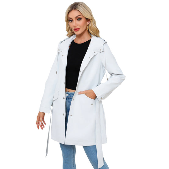 Damen wasserfeste Übergangsjacke mit verstellbarem Kapuzenkragen und Taillengürtel R&B