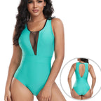 Damen Einteiler Badeanzug mit tiefem V-Ausschnitt und eleganten Netzdetails R&B