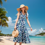 Damen Strandkleid mit floralem Muster und schwingendem Rock R&B
