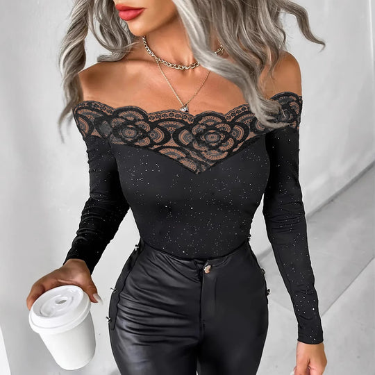 Damen Oberteil mit transparentem Spitzenbesatz und modischem Galaxie-Design R&B