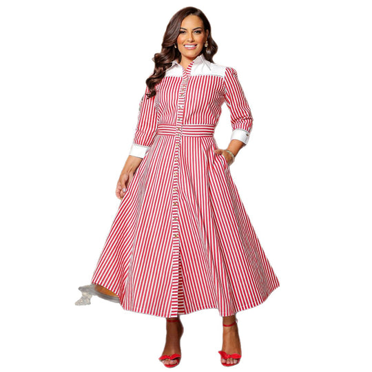 Damen Maxikleid mit eleganten Streifen und Hemdblusenkragen R&B