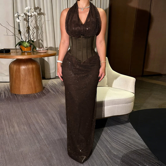 Damen Langarm Maxikleid mit eleganter A-Linien-Silhouette und schimmernden Details R&B