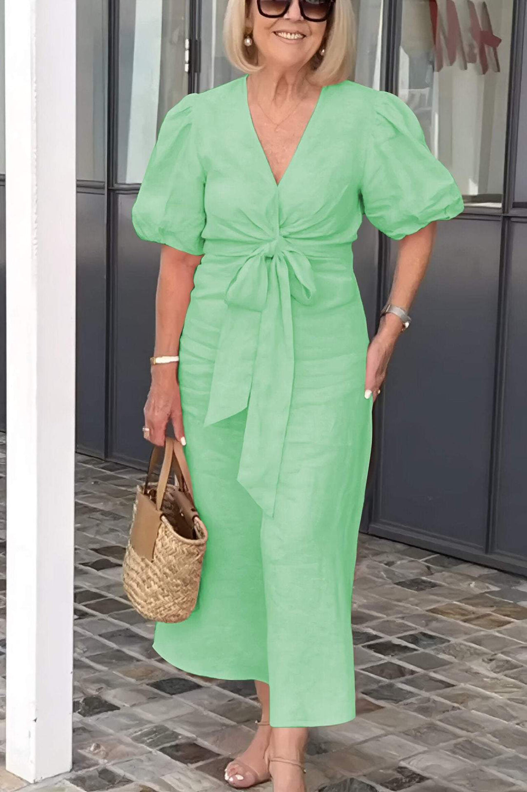 Damen Maxikleid mit eleganten Puffärmeln und Taillenknoten R&B
