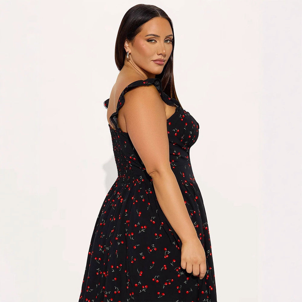 Damen Sommerkleid mit verspieltem Kirschmuster und Spitzenakzenten R&B