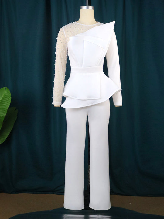 Damen Eleganter Jumpsuit mit transparenten Puffärmeln und tiefem V-Ausschnitt R&B