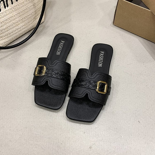 Damen Slide-Sandalen mit modischem Riemendesign und glänzendem Schnallenakzent R&B