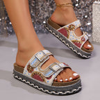 Damen Bequeme und modische Platform-Sandalen mit verstellbaren Riemen und bunten Applikationen