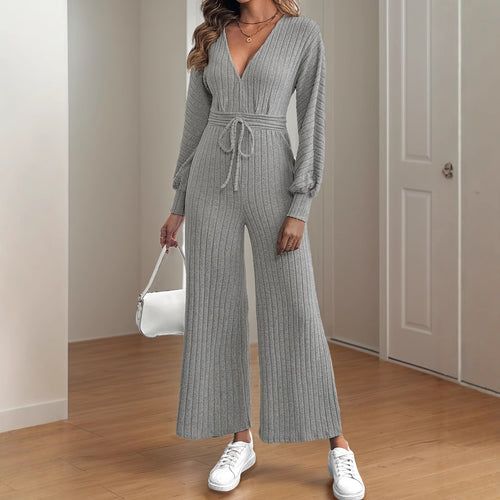 Damen legerer Strick-Jumpsuit mit weitem Bein und Taillengürtel R&B